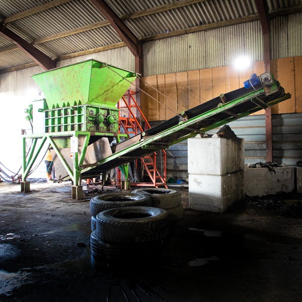 Our recycling process removes the scrap metal from the tyre and shreds the tyre into rubber chippings